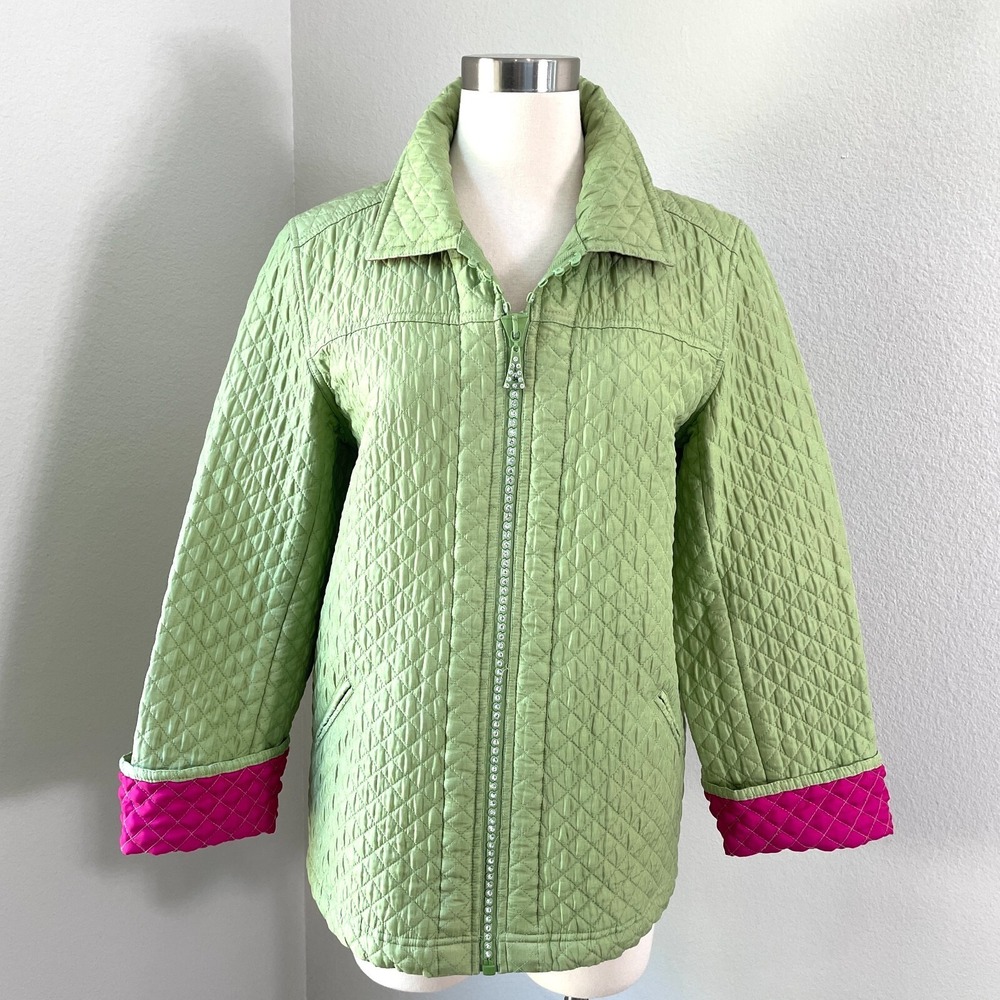 Quacker Factory Womens Medium Green Quilted 100% Silk Jacket Coat Zip Up